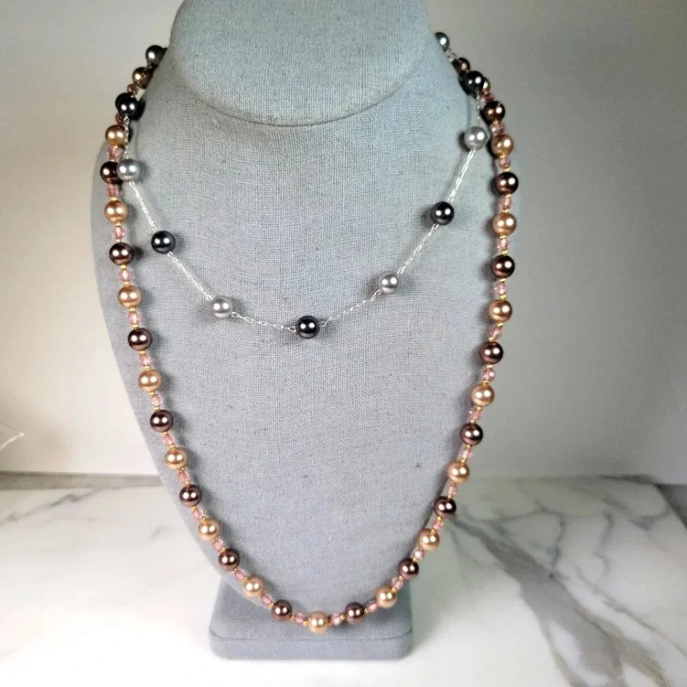 Roman Beaded Necklace Set Of 2  Signed Floating Faux Pearl Gray Peach Pi…